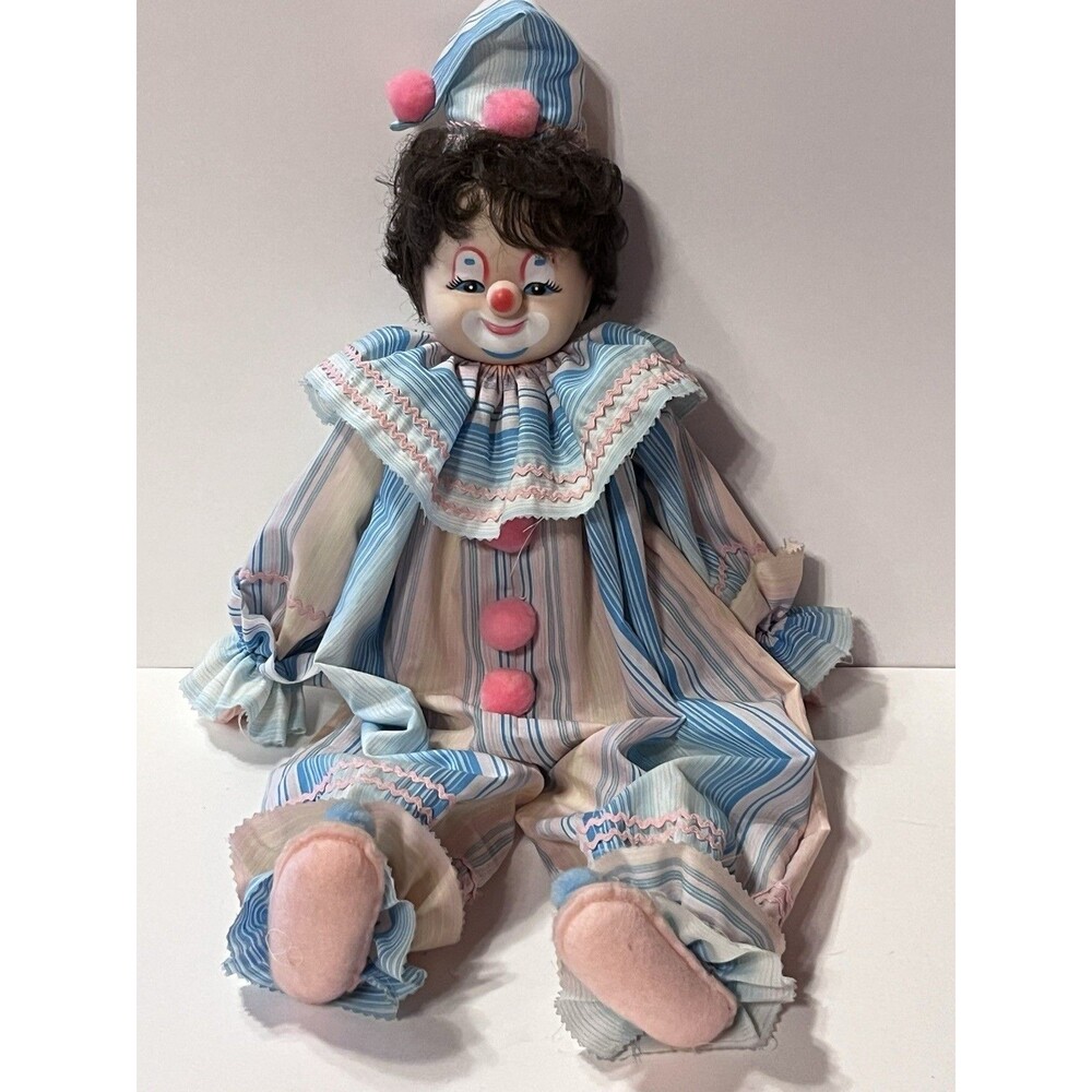 VTG Handmade Clown Doll Wood Half Body Shelf Sitter Hair Striped Pink Polka dots